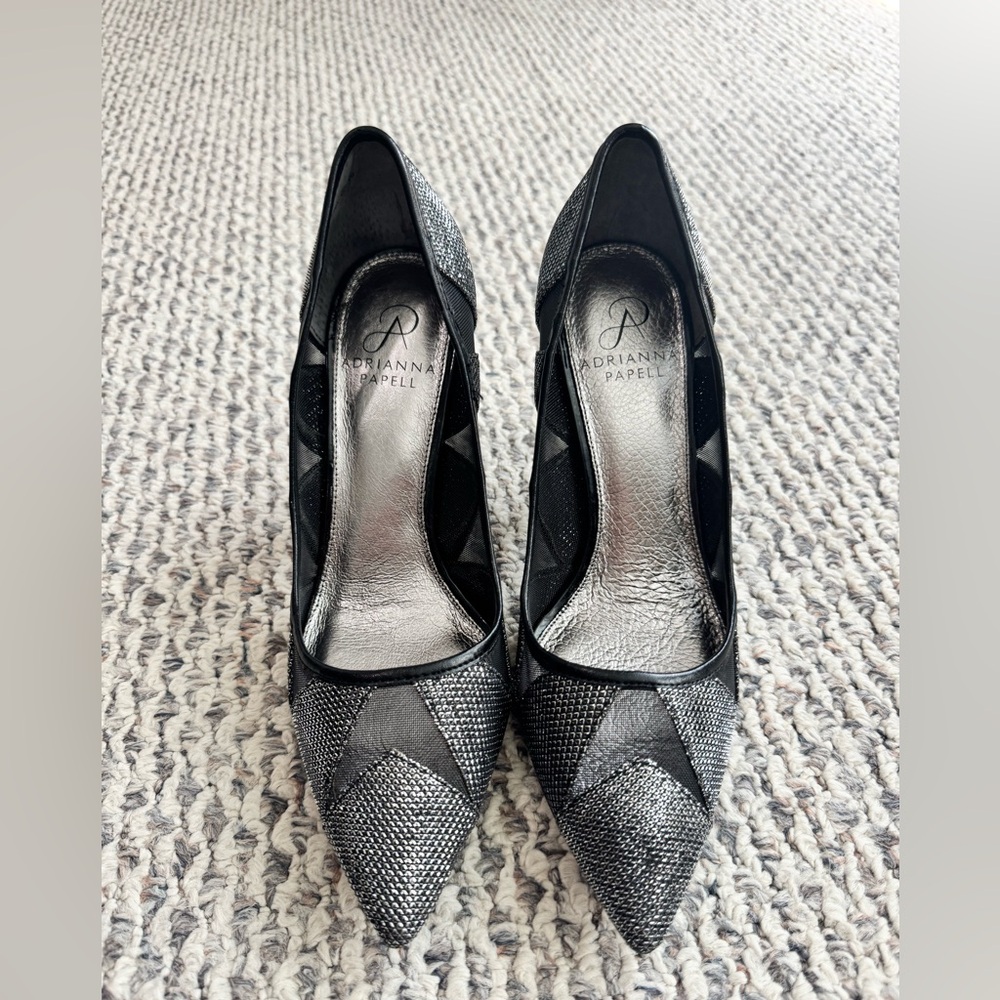 Adrianna Papell Addison Women's Pointy Toe Heels Shoes Black Mesh Silver 7 1/2 M